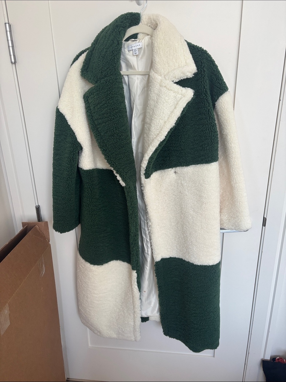 Topshop Green and Cream Blocked Teddy Coat